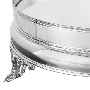 Silver-Plated Brass Mirrored Tray with Elegant Border and Ornate Feet