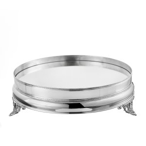 Silver-Plated Brass Mirrored Tray with Elegant Border and Ornate Feet