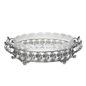 Floral Silver Serving Basket with Frosted Edge