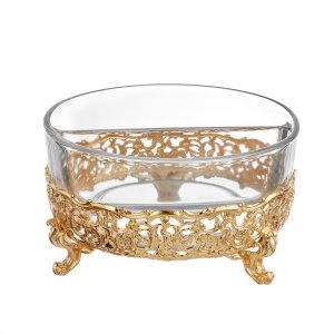 Gold-Finished Ornate Glass Bowl with Footed Base