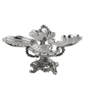 Ornate Silver-Plated Brass Three-Part Shell Dish with Intricate Base