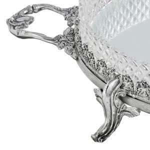 Silver-Plated Brass Mirrored Tray with Diamond Cut Design and Ornate Handles