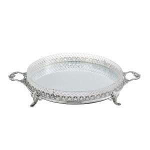 Silver-Plated Brass Mirrored Tray with Diamond Cut Design and Ornate Handles