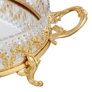 Gold-Plated Brass Mirrored Tray with Diamond Cut Design and Decorative Handles