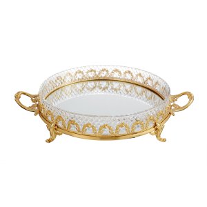 Gold-Plated Brass Mirrored Tray with Diamond Cut Design and Decorative Handles