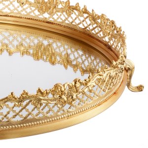 Gold-Plated Brass Mirrored Tray with Ornate Lattice Border