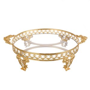 Golden Bloom – Ornate Brass Stand Tray with Glass Top