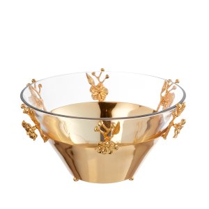 Golden Bloom Glass Bowl with Sculpted Florals