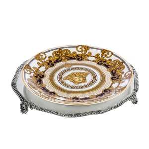 Silver-Plated Brass Decorative Tray with Rope Border and Ornate Feet