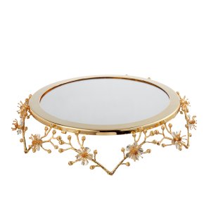 Floral-Designed Gold-Plated Mirrored Tray
