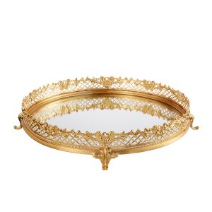 Gold-Plated Brass Mirrored Tray with Ornate Lattice Border