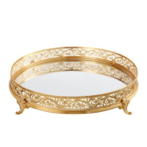 Gold-Plated Brass Mirrored Tray with Intricate Floral Border