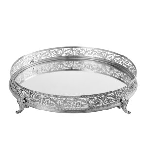 Silver-Plated Brass Mirrored Tray with Intricate Floral Border