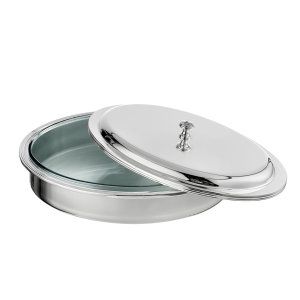 Oval Glass Casserole Dish with Silver Lid – Wide Rim