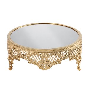 Gold-Plated Brass Decorative Mirror Tray with Floral Lattice Design