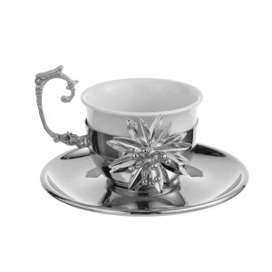 Silver-Tone Coffee Cup with Floral Embellishment – Luxurious Botanical Art in Silver-Plated Brass