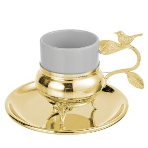 Gold-Plated Coffee Cup with Bird & Leaf Handle – Nature-Inspired Elegance in Brass