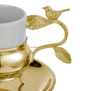 Gold-Plated Coffee Cup with Bird & Leaf Handle – Nature-Inspired Elegance in Brass