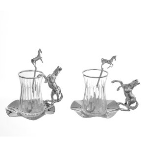 Silver-Tone Coffee Cup Set with Rearing Horse Detail – Equestrian Elegance in Silver-Plated Brass