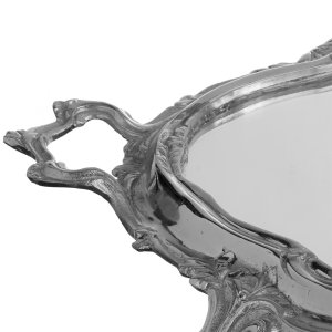 Baroque Elegance – Oval Decorative Brass Silver Tray with Mirror Surface