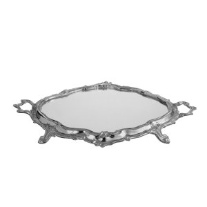 Baroque Elegance – Oval Decorative Brass Silver Tray with Mirror Surface
