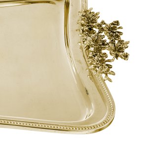 Eden Bloom Tray - Floral Handle Silver-Plated Brass Serving Gold Tray