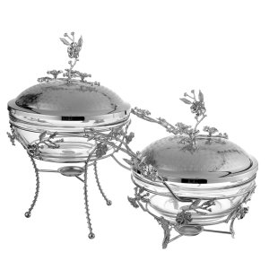 Silver Twin Chafing Dish Set with Floral Link Design
