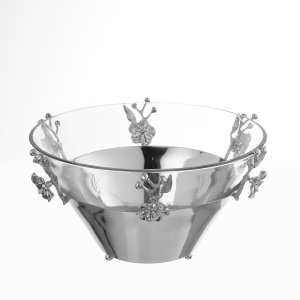 Silver Bloom Glass Bowl with Sculpted Florals