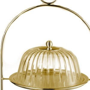 Double-Tiered Golden Cake Stand with Glass Domes