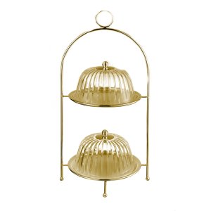 Double-Tiered Golden Cake Stand with Glass Domes