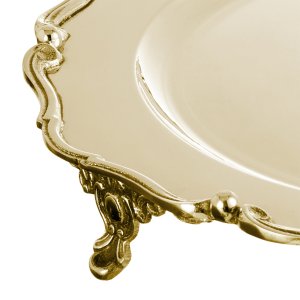 Silver-Plated Brass Decorative Gold Tray with Ornate Feet