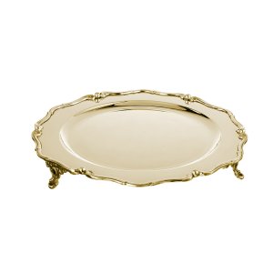 Silver-Plated Brass Decorative Gold Tray with Ornate Feet