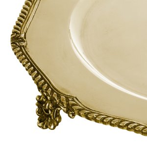 Silver-Plated Brass Decorative Gold Tray with Rope Border and Ornate Feet