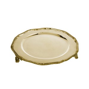 Silver-Plated Brass Decorative Gold Tray with Rope Border and Ornate Feet