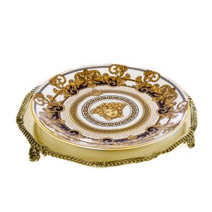 Silver-Plated Brass Decorative Gold Tray with Rope Border and Ornate Feet