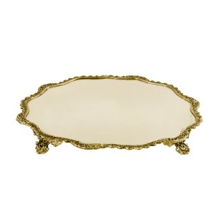 Silver-Plated Brass Decorative Gold Tray with Ornate Border and Feet