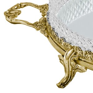 Silver-Plated Brass Mirrored Gold Tray with Diamond Cut Design and Ornate Handles