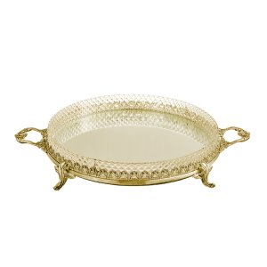 Silver-Plated Brass Mirrored Gold Tray with Diamond Cut Design and Ornate Handles