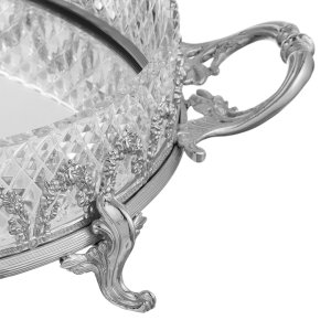 Silver-Plated Brass Mirrored Tray with Diamond Cut Design and Decorative Handles