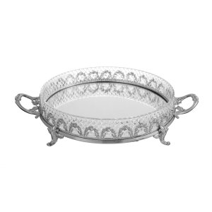 Silver-Plated Brass Mirrored Tray with Diamond Cut Design and Decorative Handles