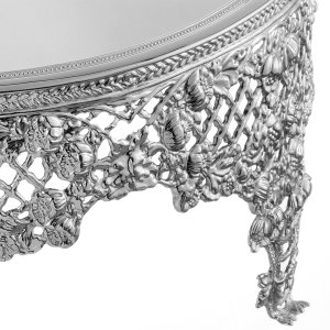 Silver-Plated Brass Decorative Mirror Tray with Floral Lattice Design