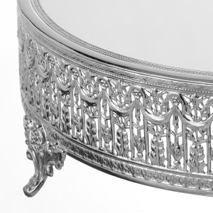 Silver-Plated Brass Decorative Mirror Tray with Ornate Chain Design