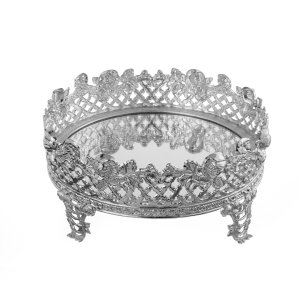 Silver-Plated Ornate Mirror Tray with Floral Motif
