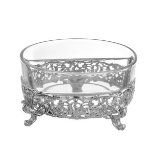 Silver-Finished Ornate Glass Bowl with Footed Base