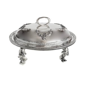 Low-Profile Silver Caviar Server with Ornate Dome and Legs