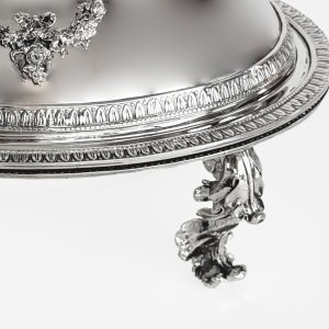 Low-Profile Silver Caviar Server with Ornate Dome and Legs
