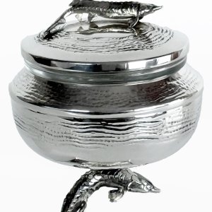 Silver-Plated Caviar Stand with Fish Motif and Textured Finish