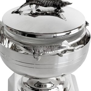 Silver Caviar Stand with Sculpted Fish Wrap and Lid Detail