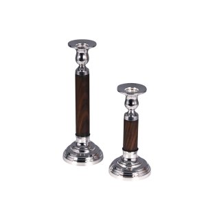 Handmade Brass and Wooden Stem Candlestick Set of 2